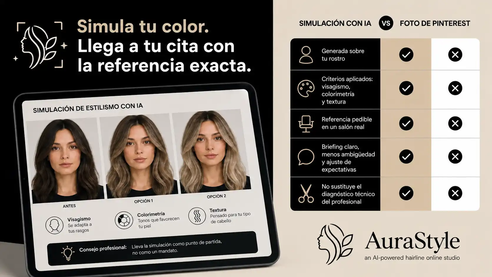 Obtén una referencia visual exacta para tu próxima cita de color con una simulación de IA sobre tu propio rostro. Llega al salón sabiendo exactamente qué pedir.