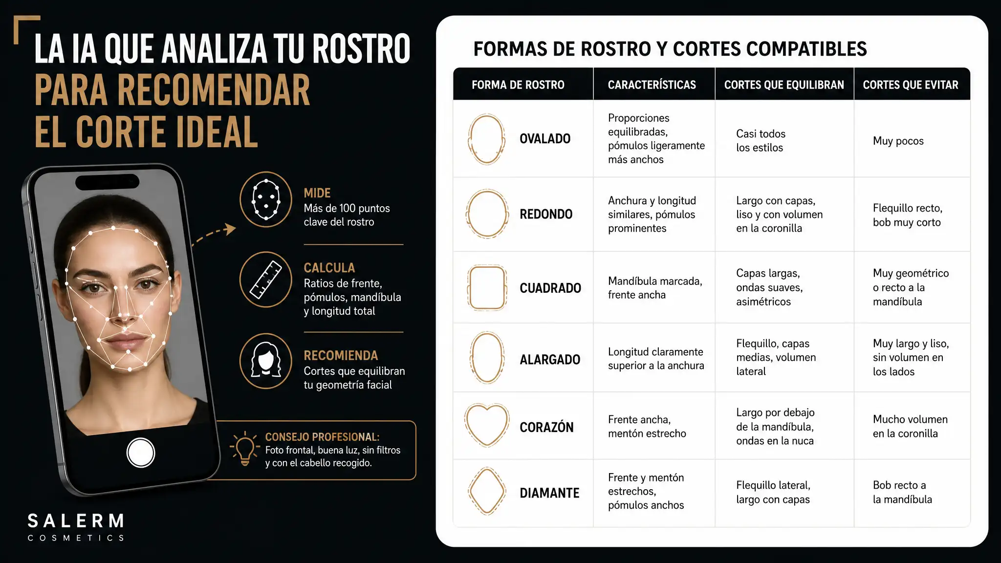 La IA mide frente, pómulos y mandíbula, clasifica la forma de tu rostro y filtra los cortes compatibles según visagismo. Así funciona el análisis facial con IA.