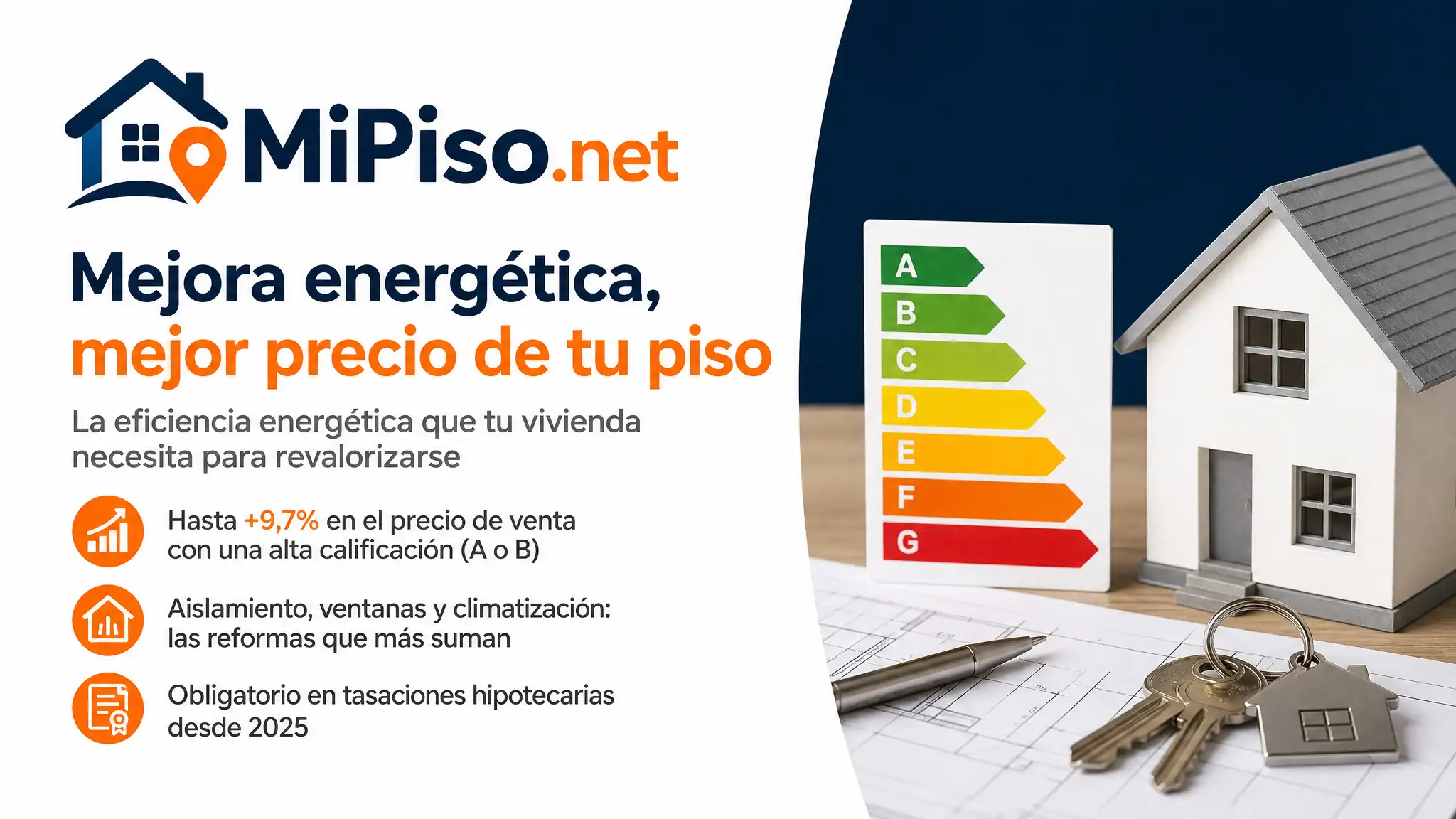 Mejorar a letra A o B sube el precio un 9,7% frente a viviendas F/G. Cada letra mejorada vale un 1,3% más, según el Banco de España y Tinsa.