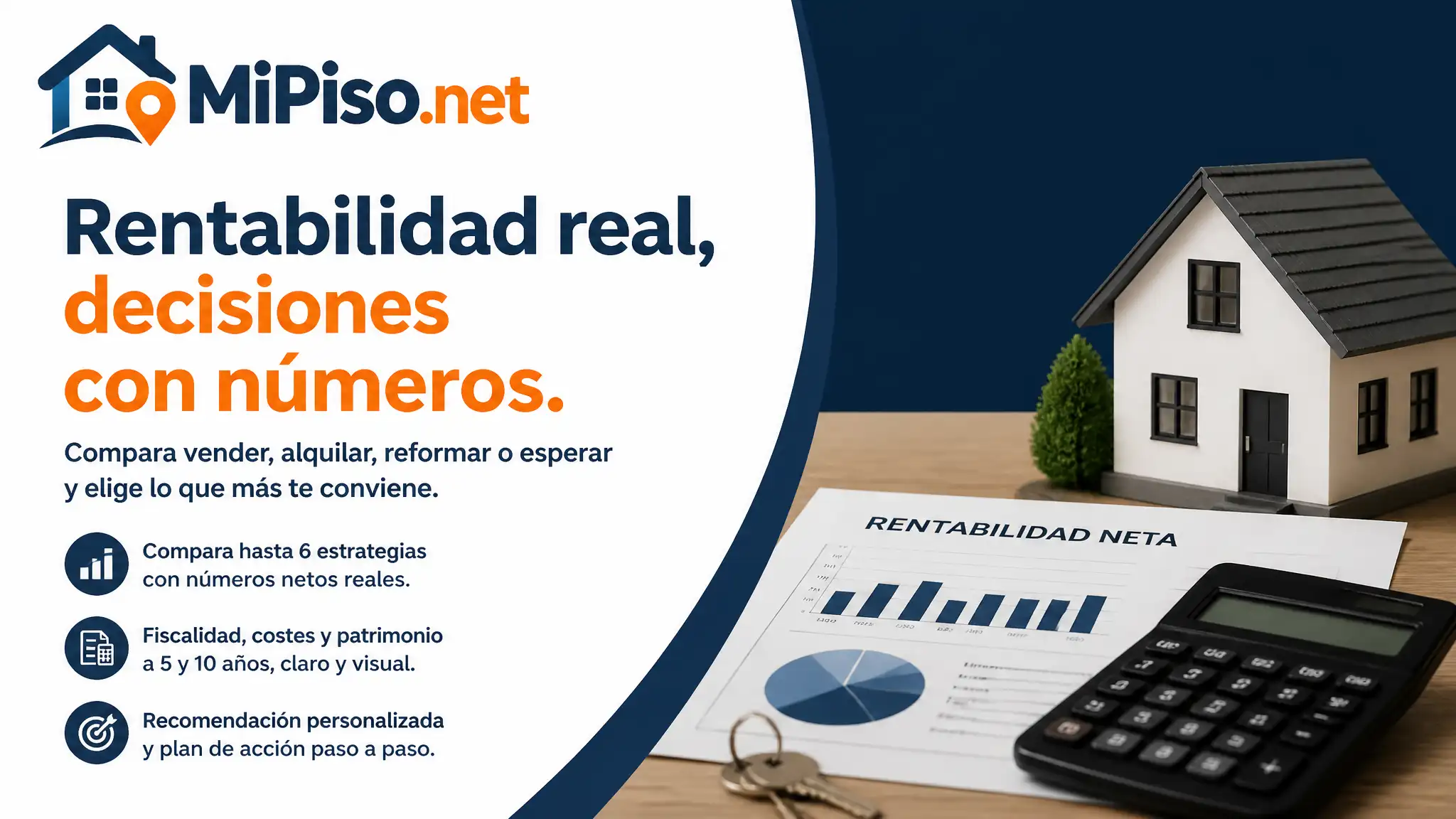 Pide tu estudio de rentabilidad en MiPiso.net: calcula neto de impuestos, compara vender o alquilar y da una recomendación independiente en tres minutos.