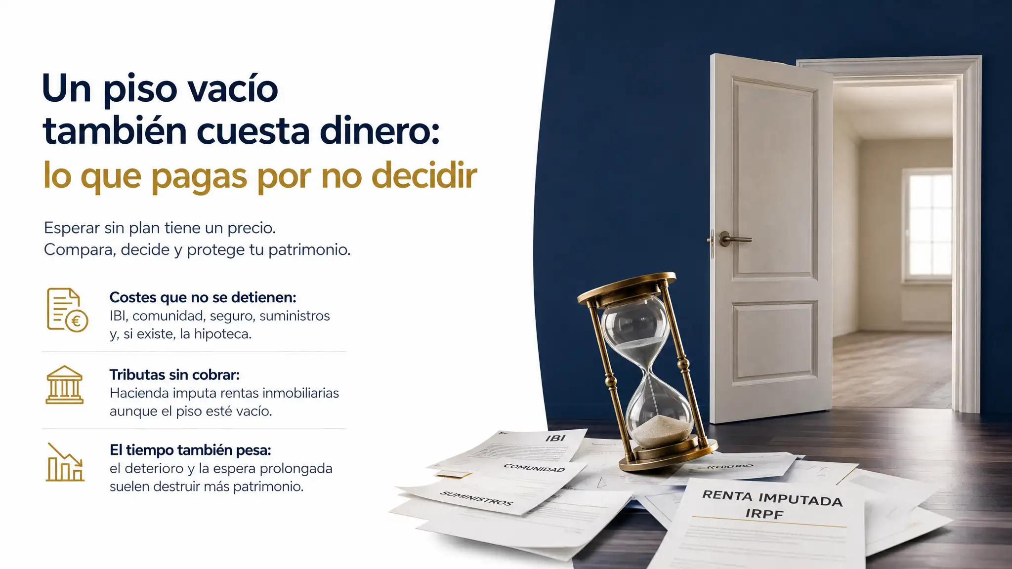 Un piso vacío paga IBI, comunidad, seguro y tributa en el IRPF aunque no produzca ingresos. Estos son los costes que asumes por no decidir.