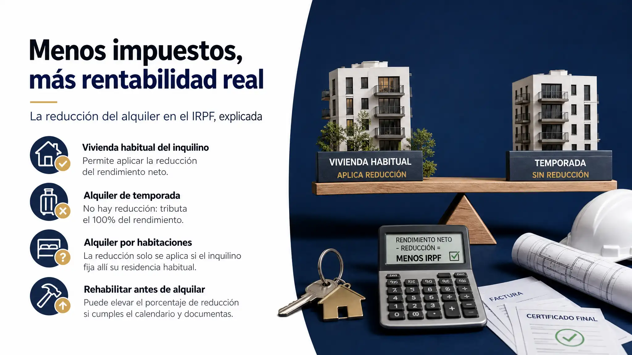 La reducción del alquiler en IRPF va del 50% al 90% del rendimiento neto. Solo aplica a vivienda habitual del inquilino, no a temporada.