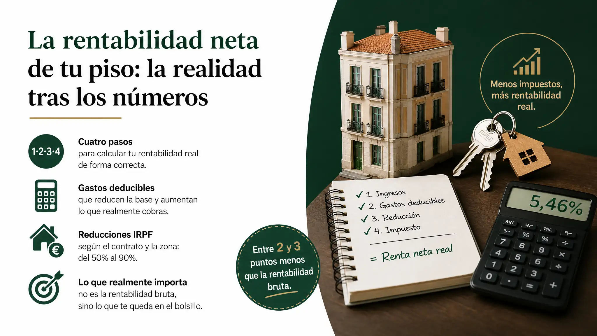 Calcula la rentabilidad neta real de tu piso en 4 pasos: ingresos brutos, gastos deducibles, reducción IRPF del 50-90% y tipo marginal. La bruta y la neta difieren hasta 3 puntos.