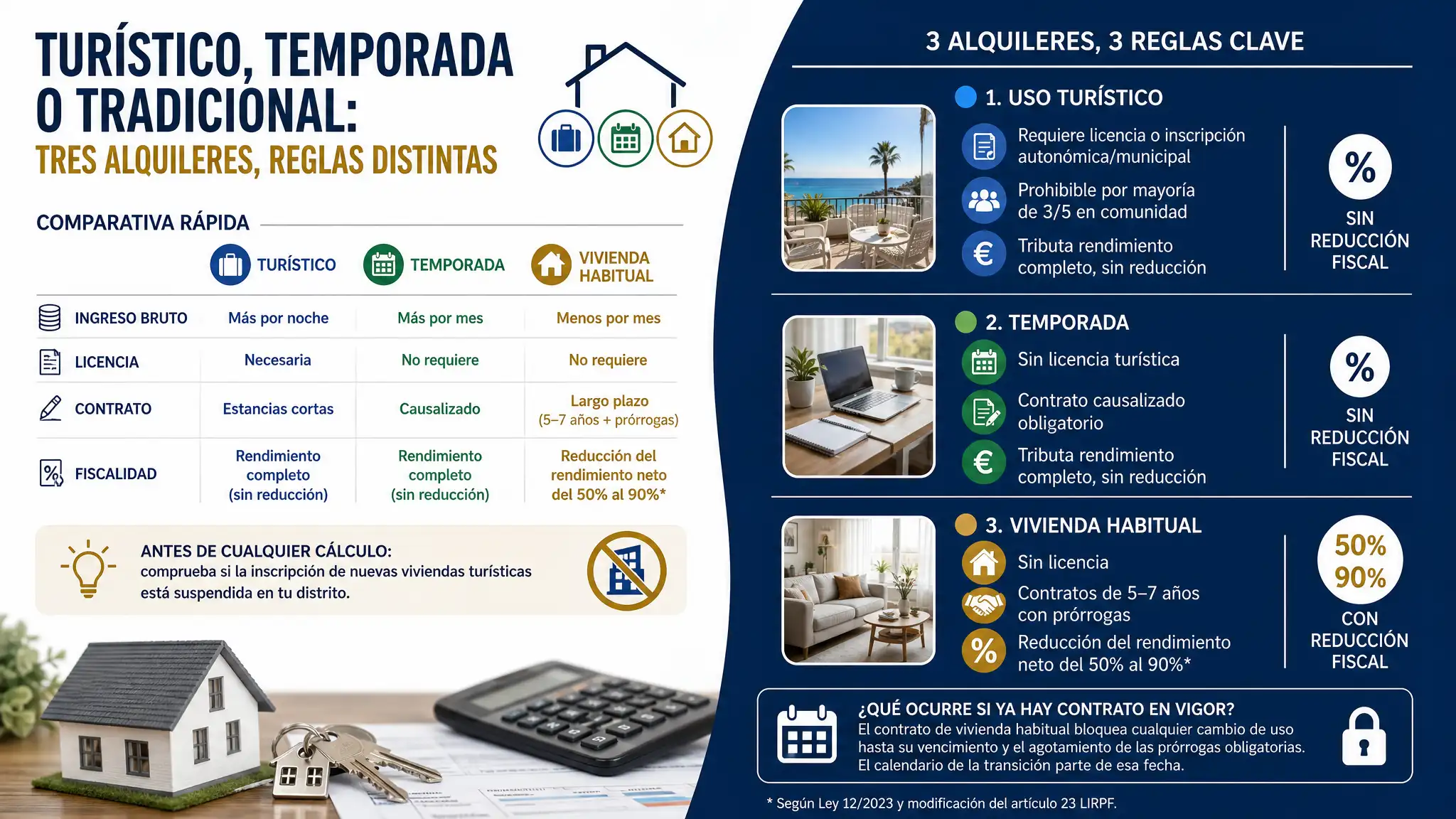 El turístico exige licencia y tributa sin reducción. El de temporada tampoco la aplica. Solo el arrendamiento habitual conserva el beneficio fiscal del art. 23 LIRPF.